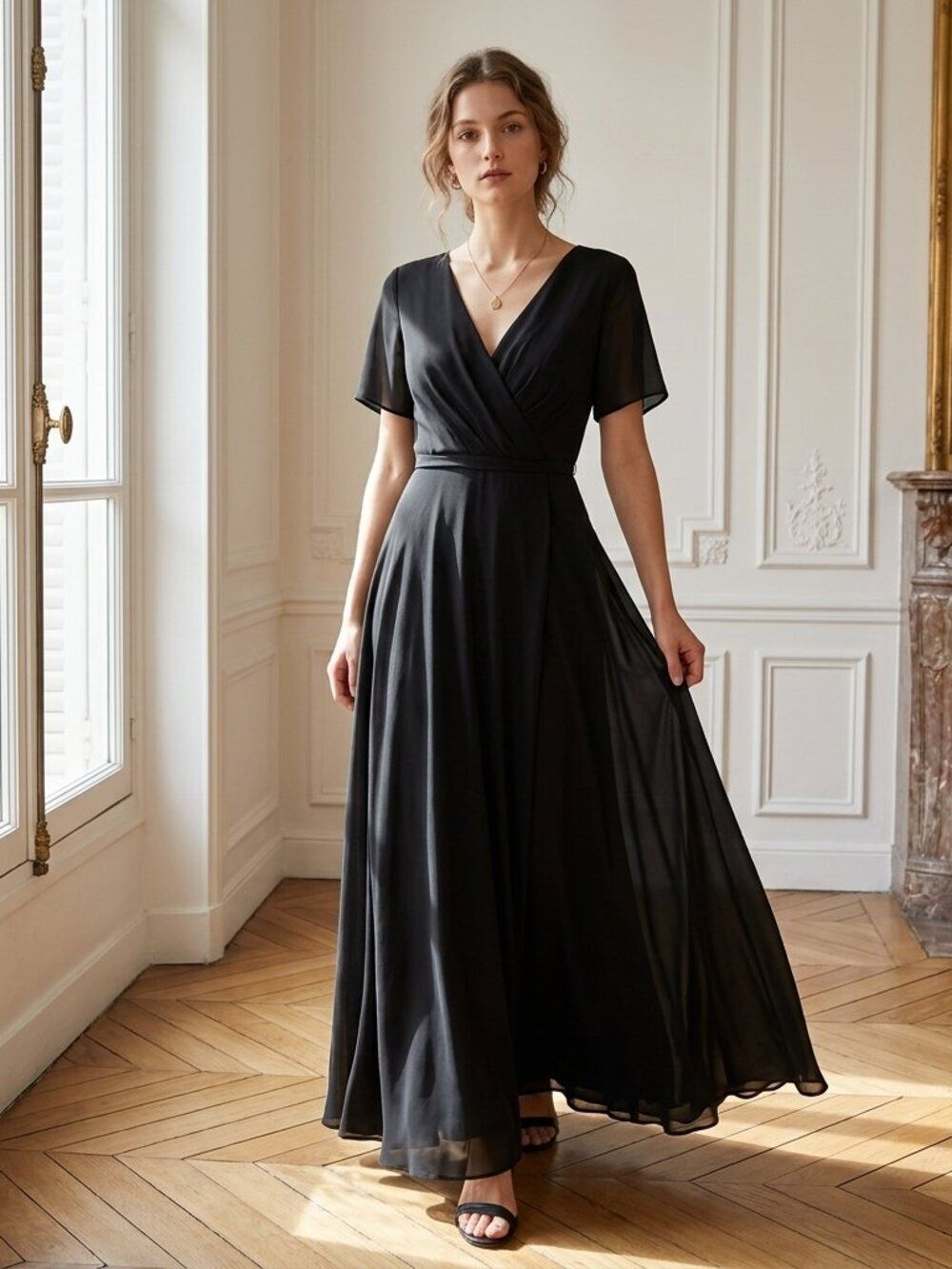 A.W. Bridal Black Chiffon Flutter Sleeve CZ Button Maxi Gown | Size 10